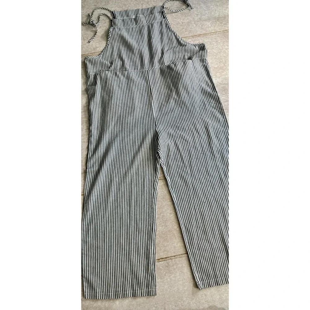 MISSLOOK Gray White Striped Cotton‎ Blend Overalls Women's Large Adjustable Tie